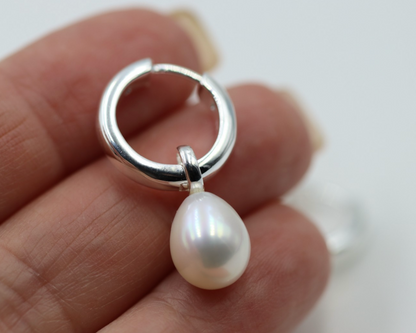 Sterling Silver 925 Oval Freshwater Cultured Pearl Huggies Earrings