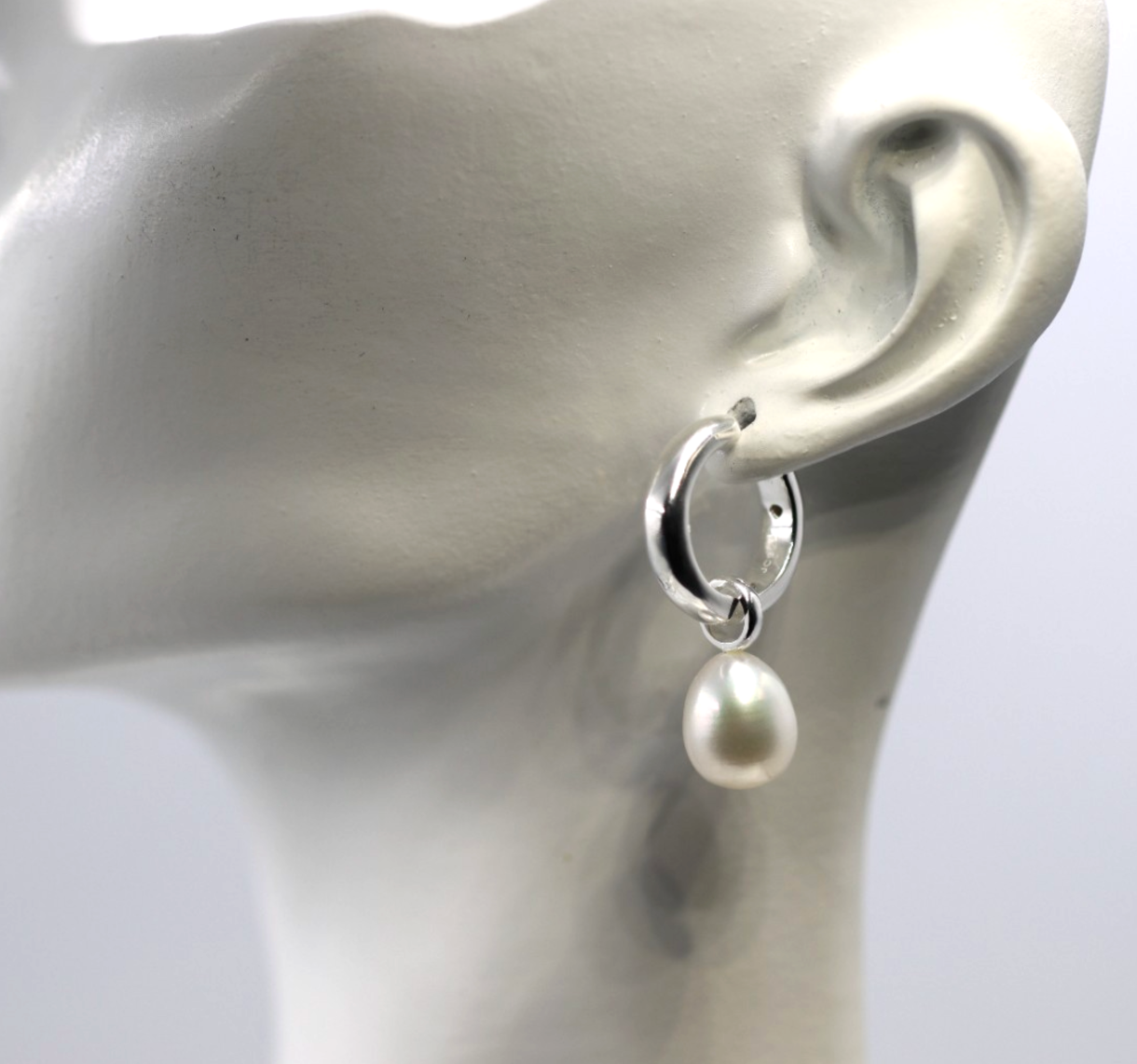 Sterling Silver 925 Oval Freshwater Cultured Pearl Huggies Earrings
