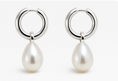 Sterling Silver 925 Oval Freshwater Cultured Pearl Huggies Earrings