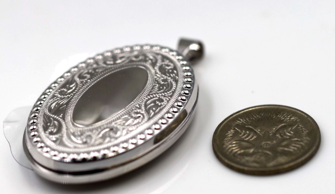 Sterling Silver 925 Large Engraved Border Oval Locket + Necklace Chain
