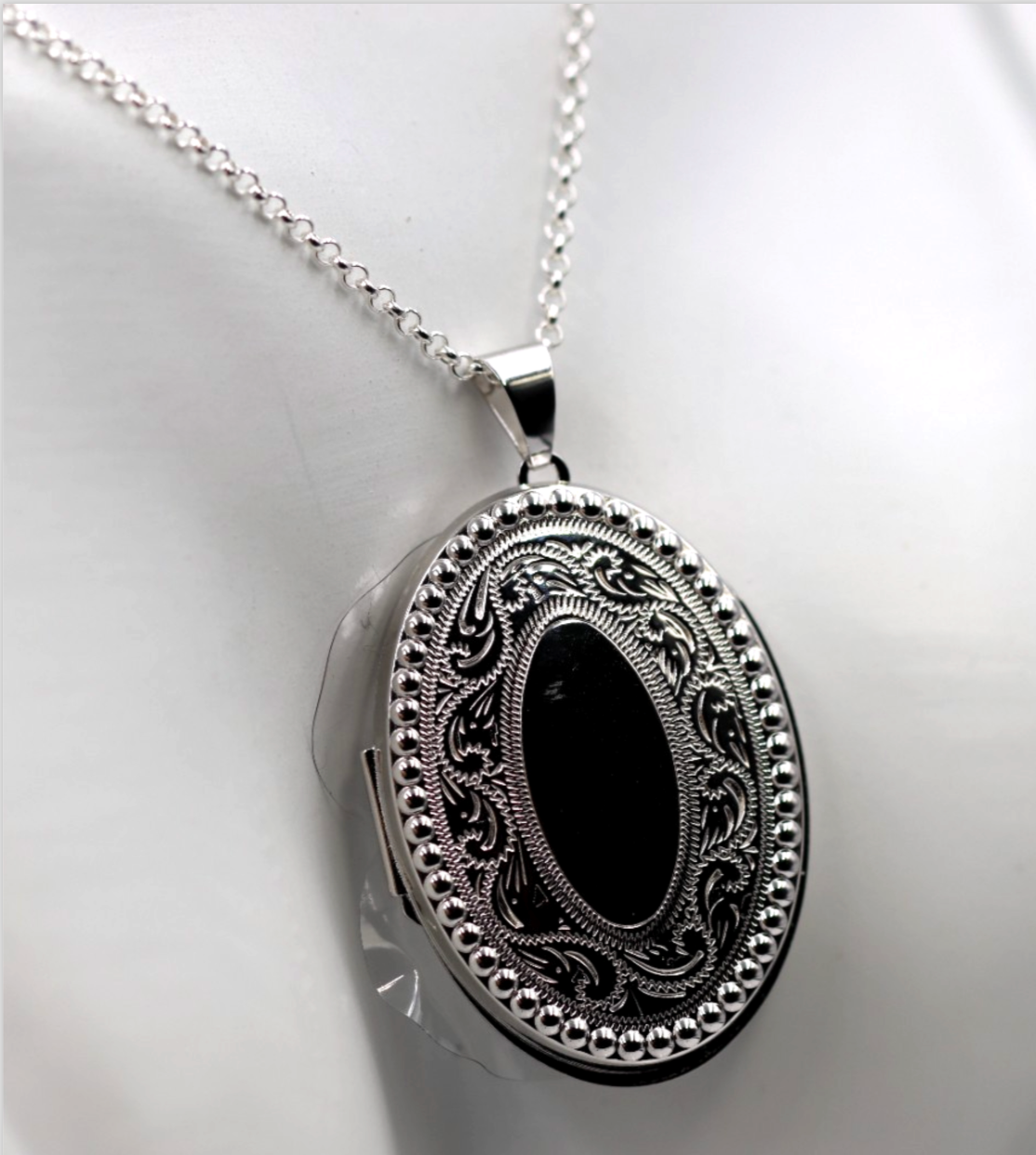 Sterling Silver 925 Large Engraved Border Oval Locket + Necklace Chain