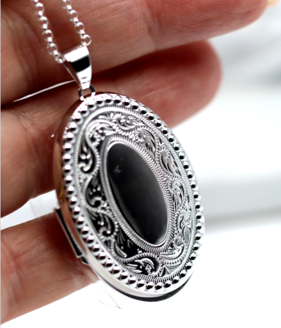 Sterling Silver 925 Large Engraved Border Oval Locket + Necklace Chain