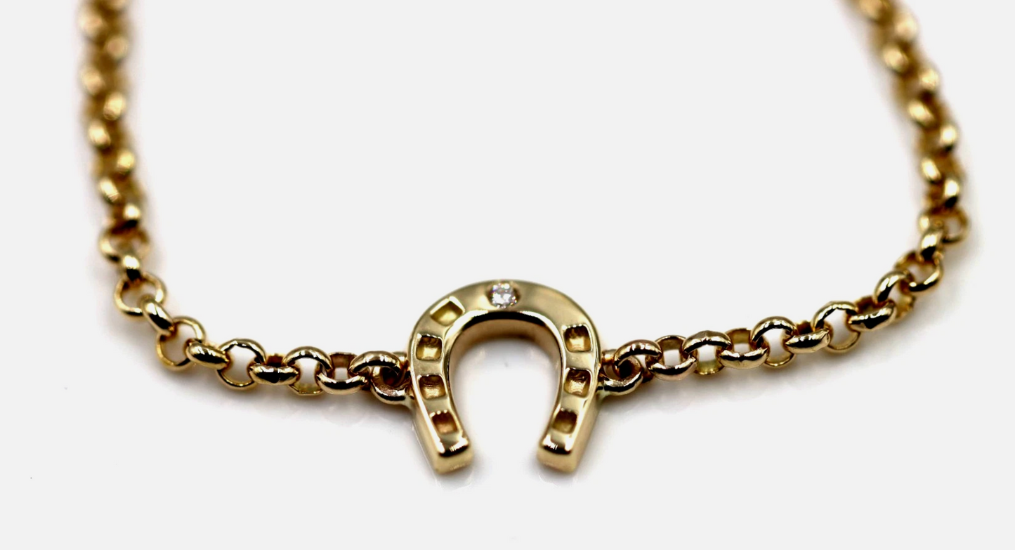 Genuine 9ct 9K 375 Yellow Gold or Rose Gold Solid 19cm Diamond Set Horseshoe Belcher Bracelet