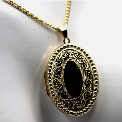 Genuine 9ct Yellow or Rose 375 Gold Engraved Border Oval Locket + 50cm Necklace Chain
