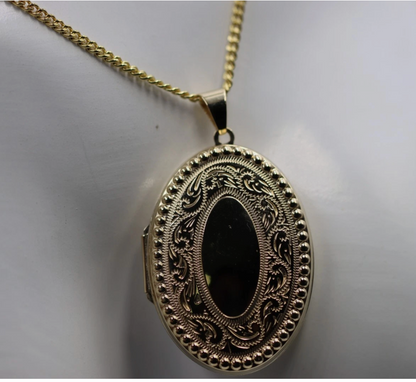 Genuine 9ct Yellow or Rose 375 Gold Engraved Border Oval Locket + 50cm Necklace Chain