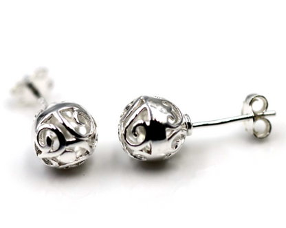 Genuine Sterling Silver 925 Full Ball 8mm Filigree Ball Studs Earrings