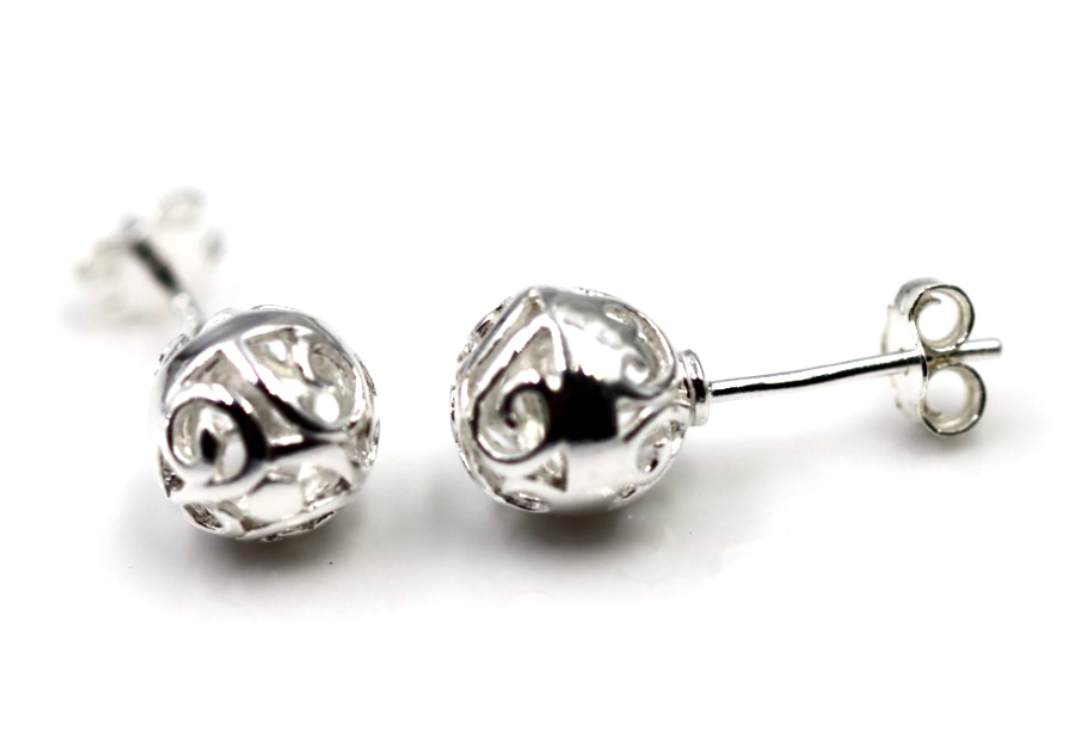Genuine Sterling Silver 925 Full Ball 8mm Filigree Ball Studs Earrings