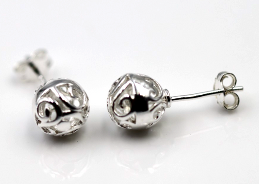 Genuine Sterling Silver 925 Full Ball 8mm Filigree Ball Studs Earrings