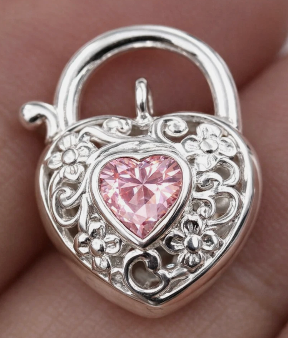 Sterling Silver 925 Filigree Pink CZ Heart Padlock 15mm Pendant