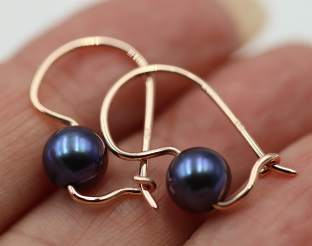 Kaedesigns New 9ct Yellow, Rose or White Gold 7mm Black Pearl Hook Earrings