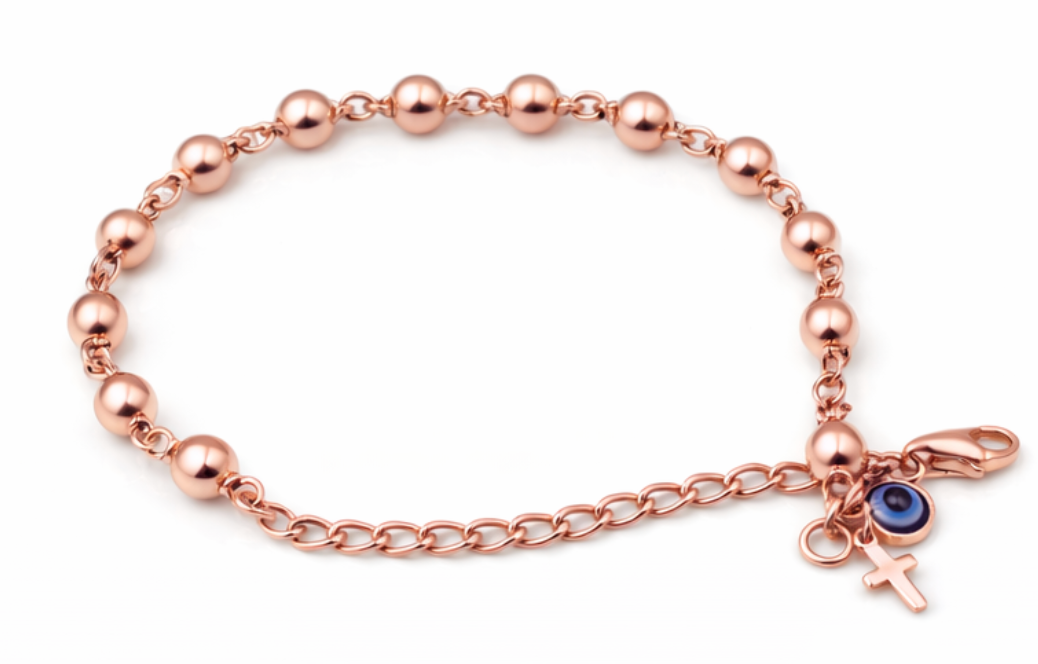 Genuine 9ct Yellow, Rose or White Gold 6mm Ball Rosary Bead bracelet 21cm long + Cross + Evil Eye Charm