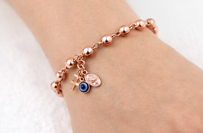 Genuine 9ct Yellow, Rose or White Gold 6mm Ball Rosary Bead bracelet 21cm long + Cross + Evil Eye Charm