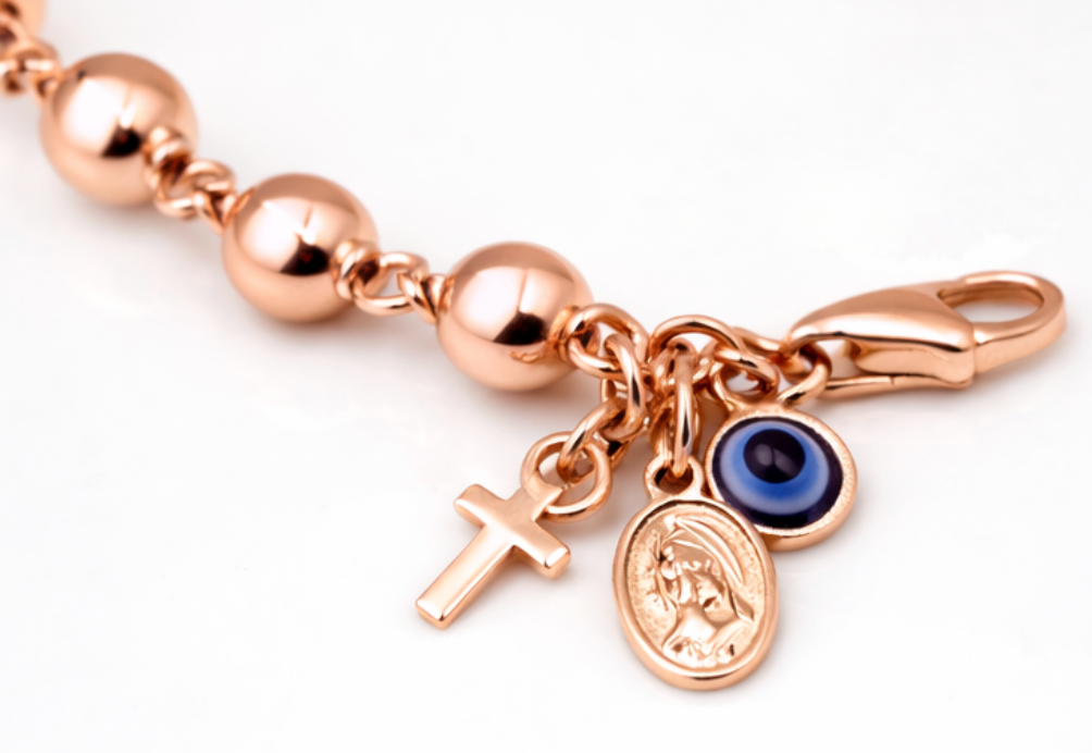 Genuine 9ct Yellow, Rose or White Gold 6mm Ball Rosary Bead bracelet 21cm long + Cross + Evil Eye Charm
