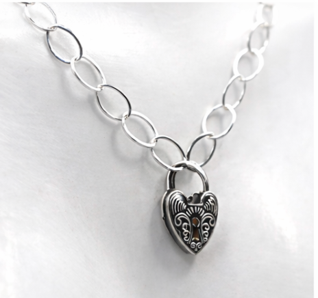 Sterling Silver 925 Flat Oval Links Necklace Chain + Heart