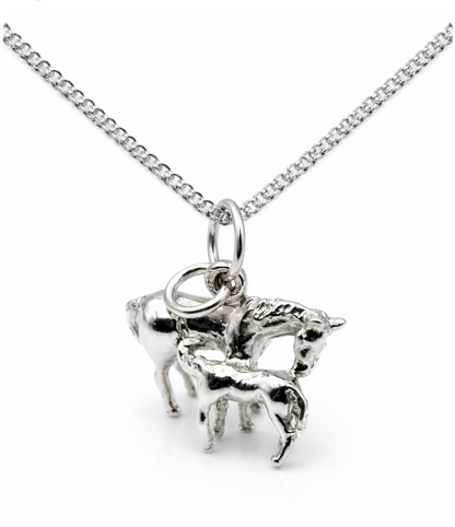 Genuine Sterling Silver 925 3D Horse and Foal Pendant / Charm