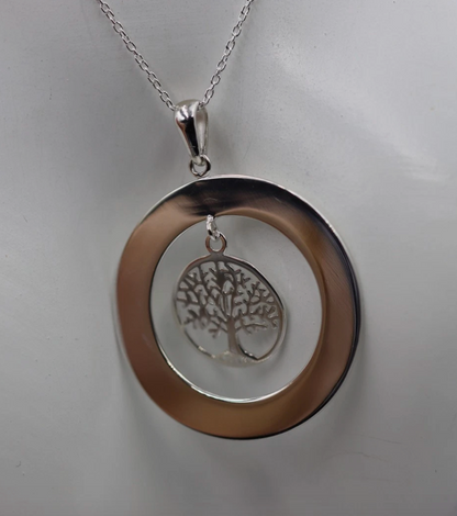 Sterling Silver Open Circle Engraving Disc Pendant + ‘Tree of Life’ + 40cm Chain