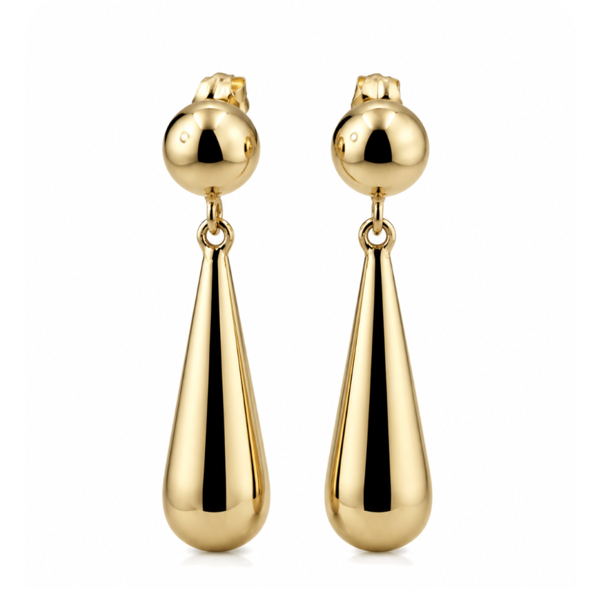 Genuine 9ct Yellow, Rose or White Gold Large Teardrop Tear Drop 10mm Half Ball Stud Earrings