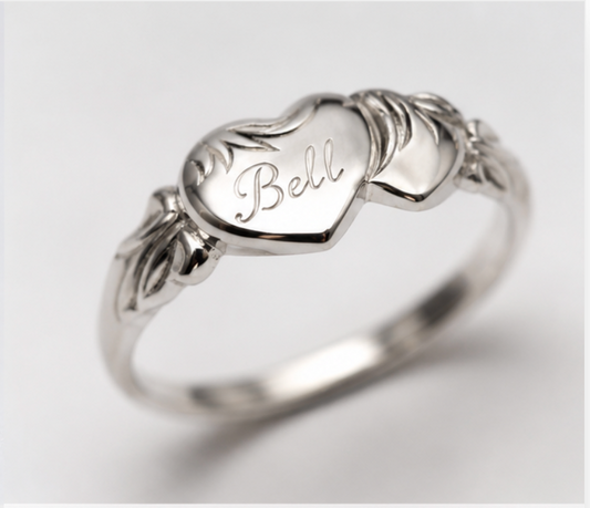 Size M - Solid New Sterling Silver Double Heart Signet Ring + Engraving