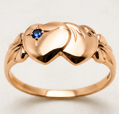 Genuine 9k 9ct 375 Yellow, Rose & White Gold Aust Blue Sapphire Double Heart Signet Ring - Choose your size