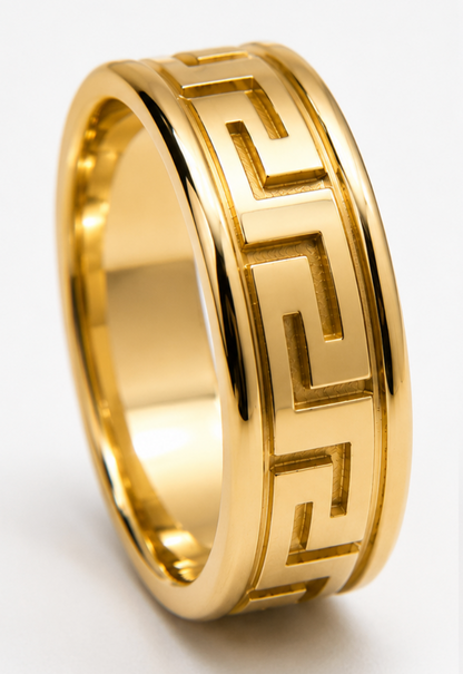 Kaedesigns, Genuine 9ct 9K 375 Yellow Solid Polished or Matt Gold Large Greek Key Ring In Your Size