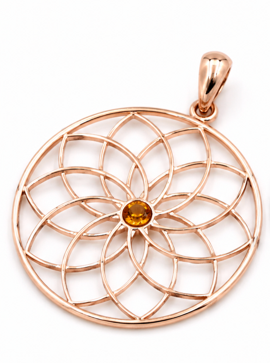 Genuine 9k 9ct 375 Yellow, Rose or White Gold Flower of Life Pendant Set Genuine 4mm Citrine