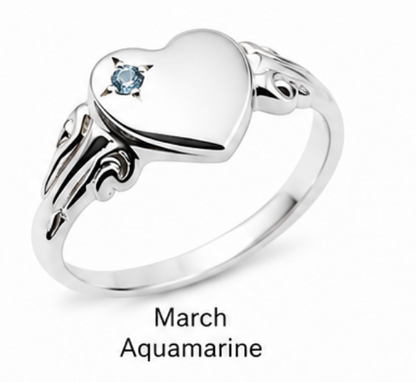 Genuine Sterling Silver 925 Heart Signet Ring Choose Your Size And Gemstone