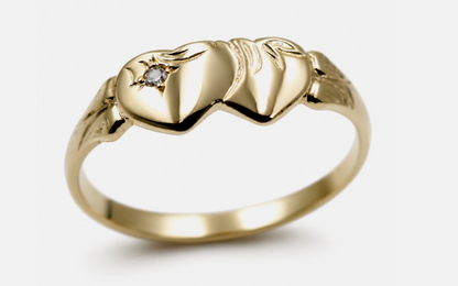 Genuine Solid 9ct 9kt 375 Yellow, Rose or White Gold Diamond Double Heart Signet Ring- Choose your size H to O