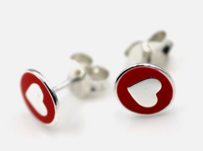 Genuine Sterling Silver 925 6mm Red Enamel Heart Studs Stud Earrings