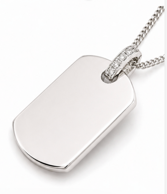 Sterling SIlver 925 Dog Tag Pendant with White CZ Bail Plus Curb Chain Necklace