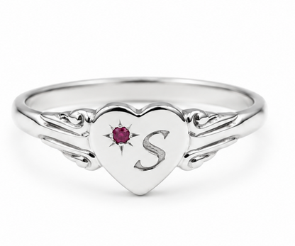 Sterling Silver 925 Heart Pink Sapphire Set Signet Ring + Engraving 1 initial- Choose your size