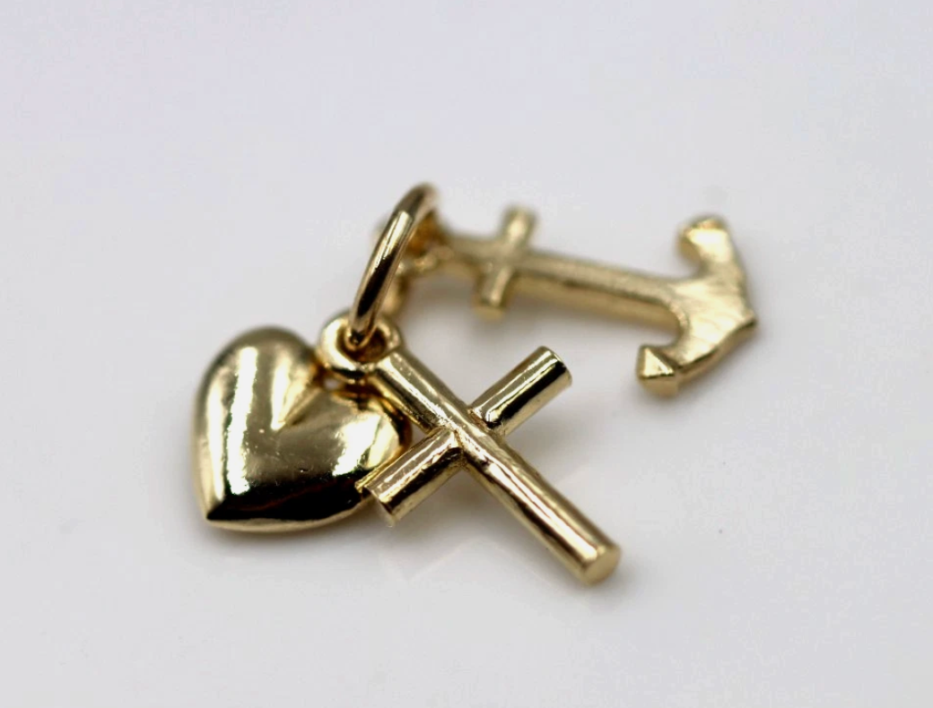 Genuine 9ct Yellow Gold Faith Hope & Love Heart Cross Anchor Charm