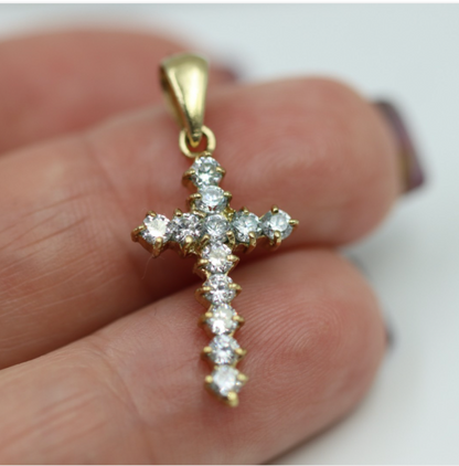 Genuine 9ct 9k Yellow Gold Cubic Zirconia CZ Cross Pendant Religious