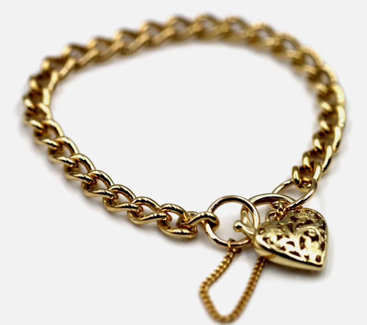 9ct Yellow Gold Solid Curb Bracelet with Heart Padlock – 19cm