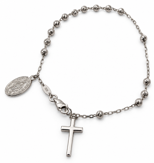 18ct White Gold Rosary Bead Cross Bracelet – 18.5cm