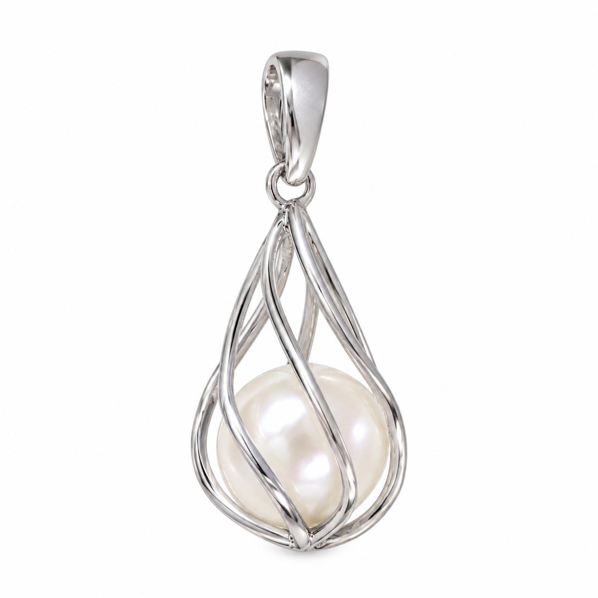 925 Sterling Silver Caged Freshwater Pearl Pendant, 9mm