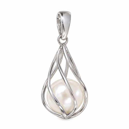 925 Sterling Silver Caged Freshwater Pearl Pendant, 9mm