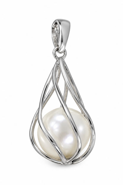 925 Sterling Silver Caged Freshwater Pearl Pendant, 9mm