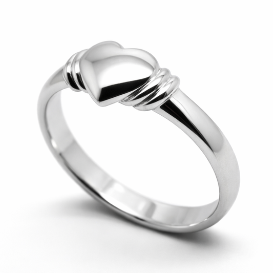Genuine 9ct 9k Small Solid White Gold Heart Signet Ring - Ring size F