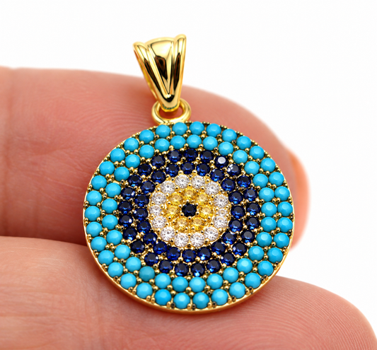 14ct Solid Yellow Gold Round Evil Eye CZ Turquoise Pendant