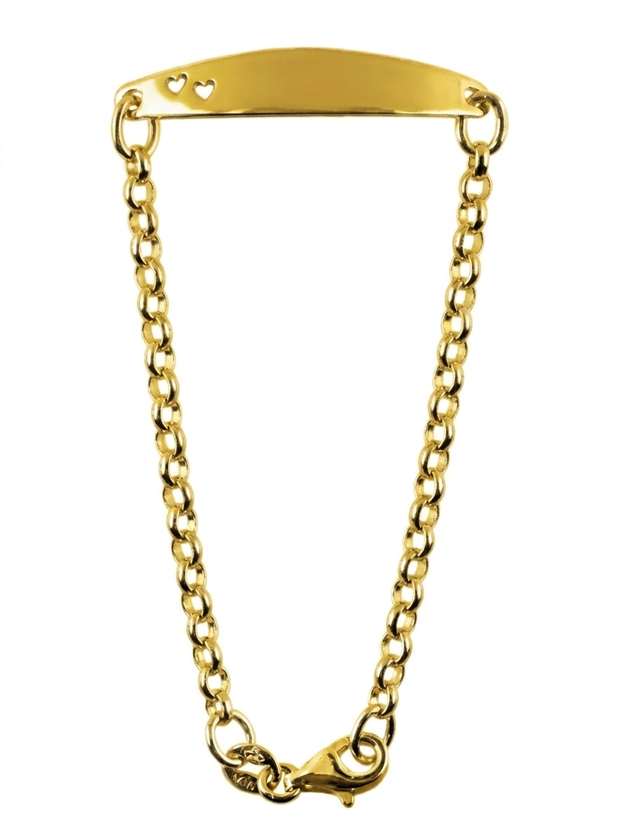 Genuine 9ct 9k 375 Gold Child’s Belcher ID Bracelet with Heart Cut-Outs – Free Laser Engraving