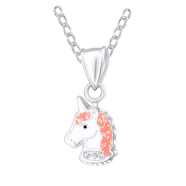 Sterling Silver 925  Enamel Unicorn Pendant with Crystals and Glitter with 40cm Chain + 5cm Extender Necklace