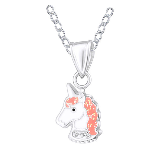 Sterling Silver 925  Enamel Unicorn Pendant with Crystals and Glitter with 40cm Chain + 5cm Extender Necklace