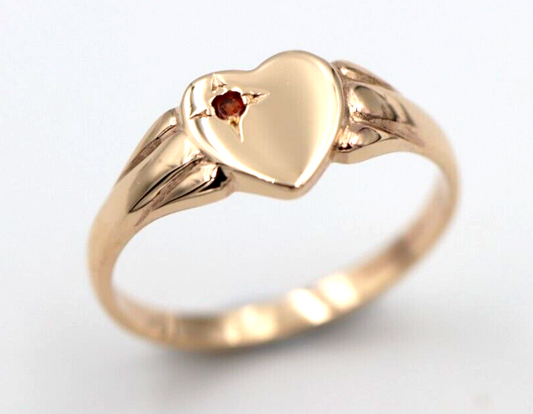 Size O, 9ct 9k Yellow, Rose or White Gold Heart Garnet Birthstone January Signet Ring