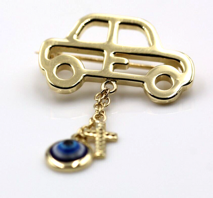 Genuine 9ct, 14ct or 18ct Yellow Gold Baby Child's Kids Car Cross Brooch Evil Eye Mati