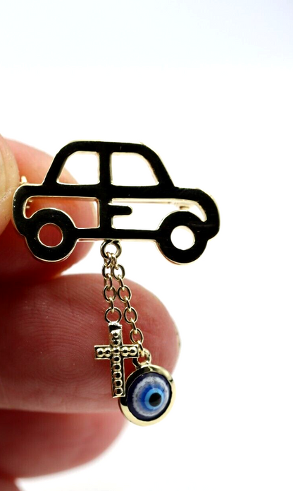 Genuine 9ct, 14ct or 18ct Yellow Gold Baby Child's Kids Car Cross Brooch Evil Eye Mati