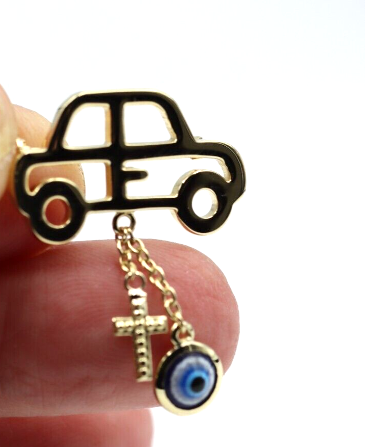 Genuine 9ct, 14ct or 18ct Yellow Gold Baby Child's Kids Car Cross Brooch Evil Eye Mati