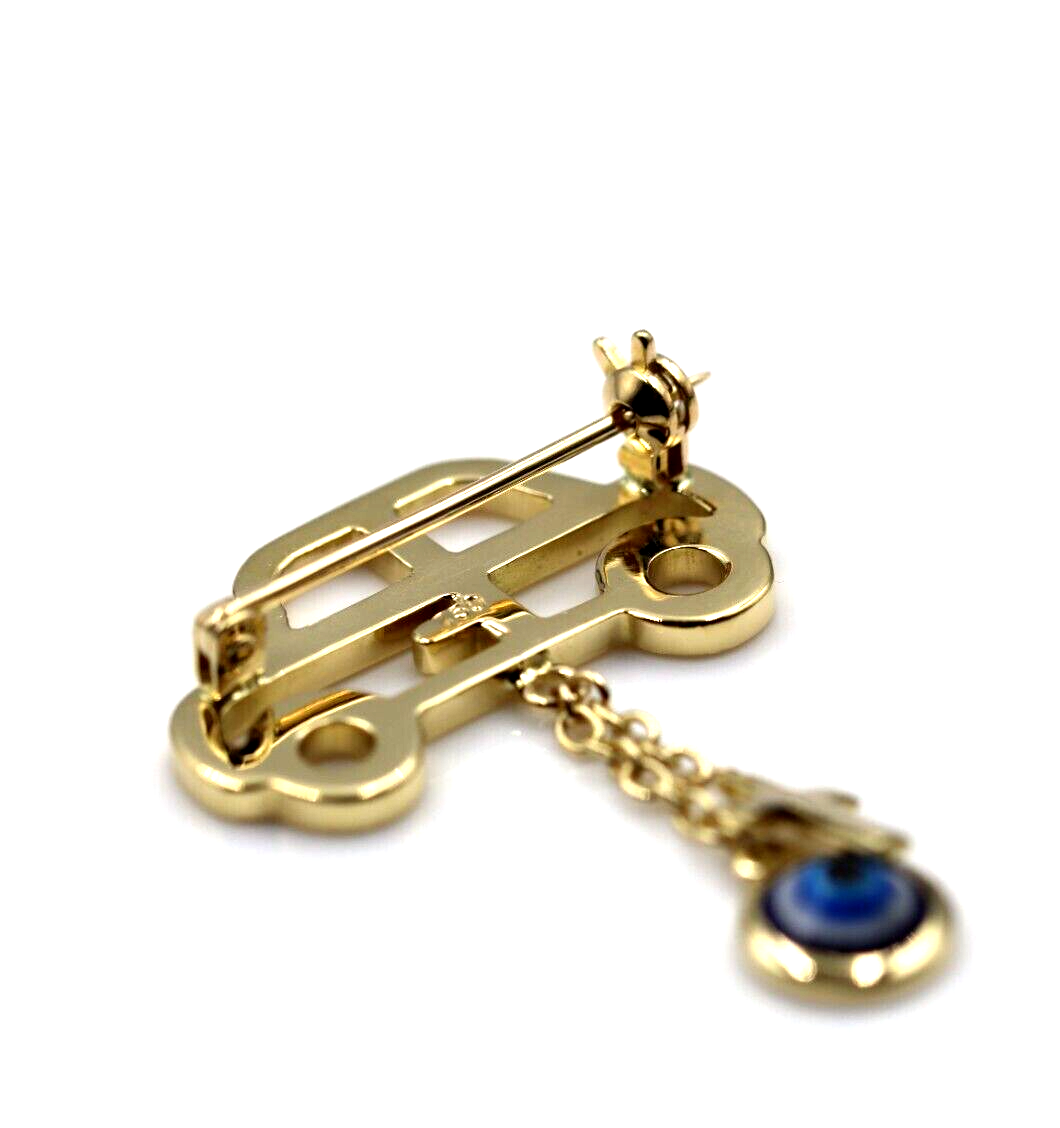 Genuine 9ct, 14ct or 18ct Yellow Gold Baby Child's Kids Car Cross Brooch Evil Eye Mati