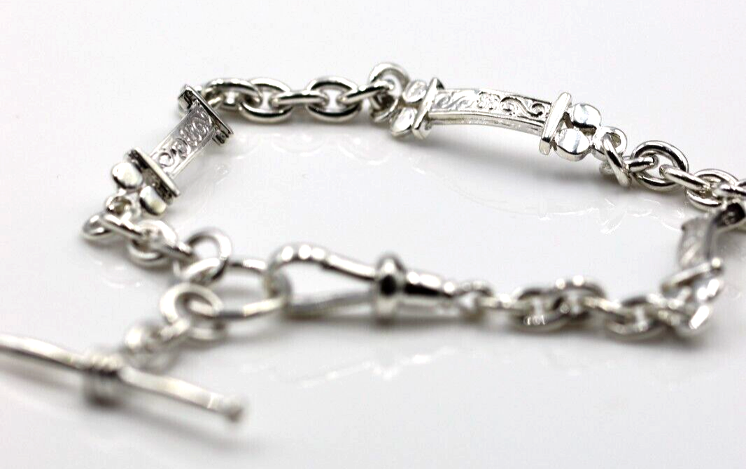 Genuine 925 Sterling Silver Antique Bracelet + Swivel + T-Bar