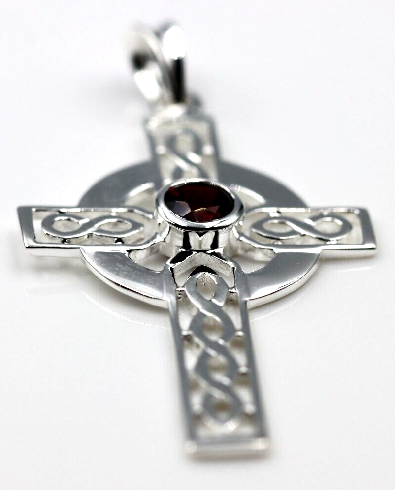 Kaedesigns Large Sterling Silver 925 Garnet Celtic Cross Pendant