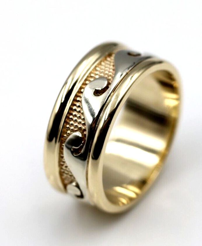 Size Q / 8, Solid Genuine 9ct 9kt Yellow And White Gold Mens Surf Wave Ring